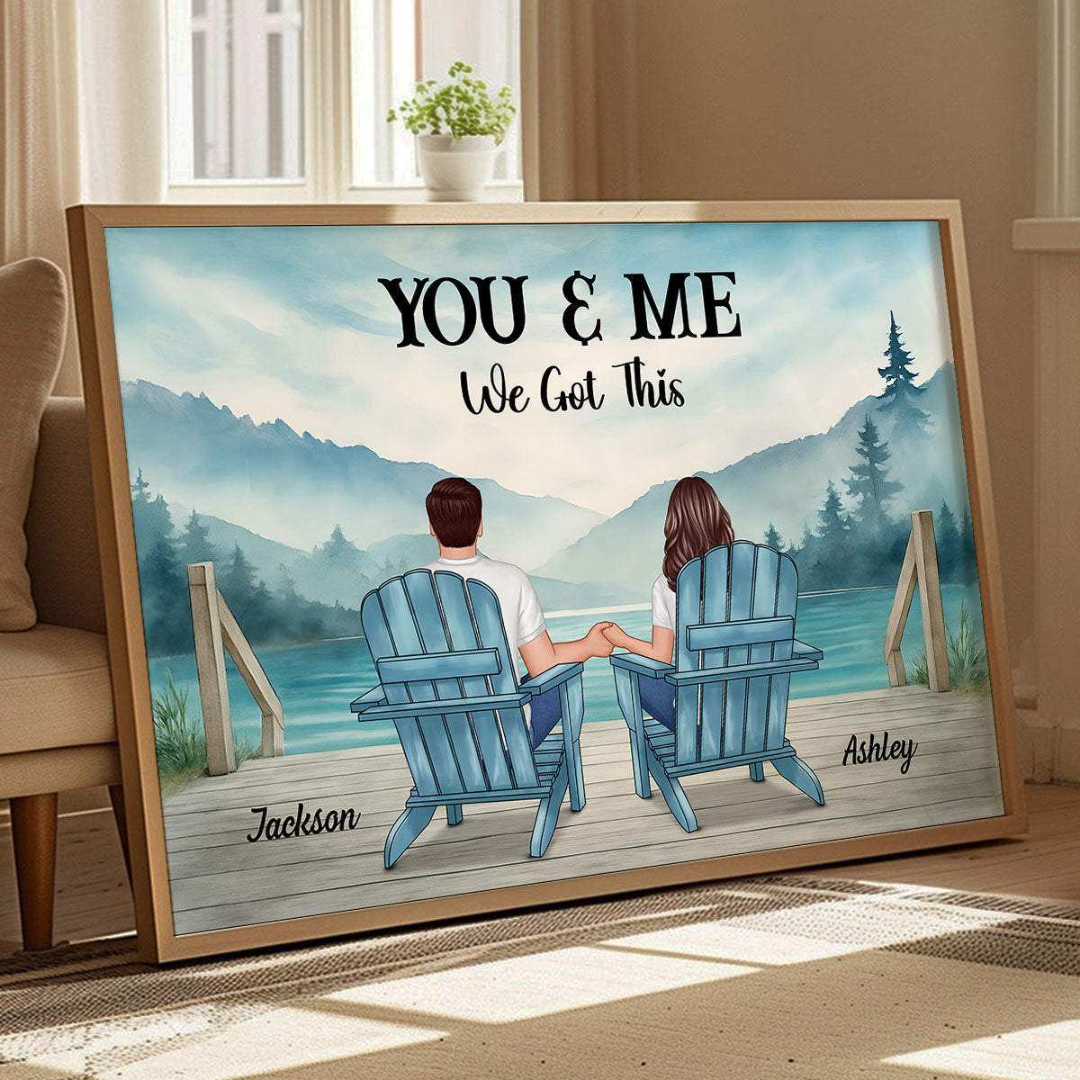 Lakeside Mountain Landscape Couple Back View Personalized Poster, Anniversary Gift for Him for Her
