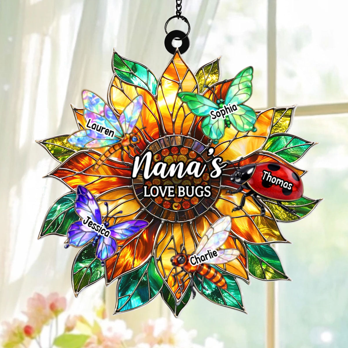 Grandma's Love Bugs Sunflower - Personalized Suncatcher - Mother's Day Gift for Mom, Grandma, Wife