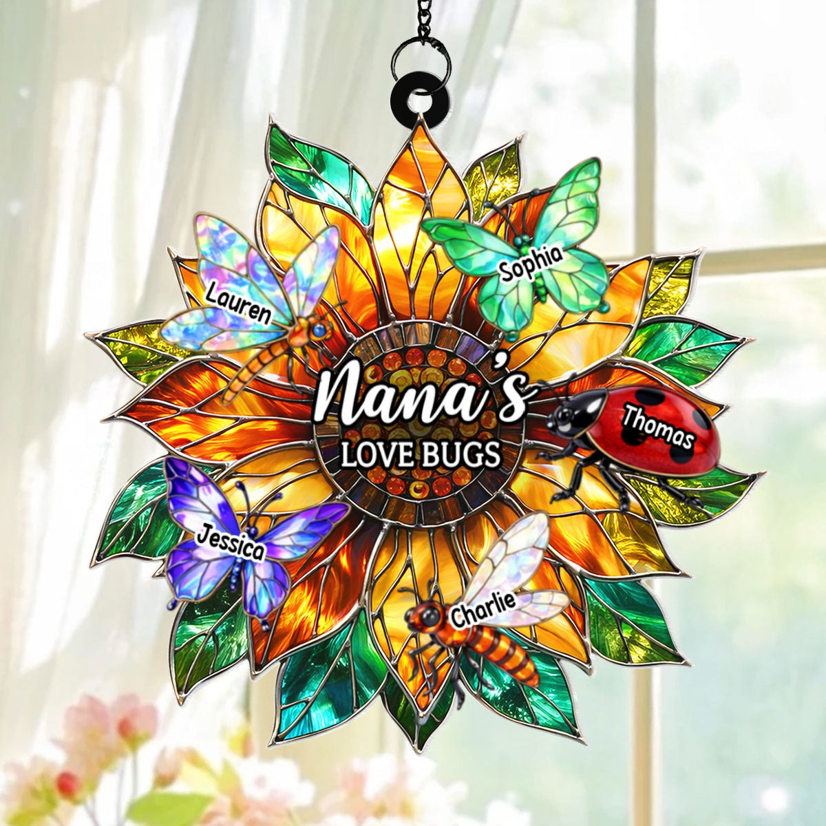 Grandma's Love Bugs Sunflower - Personalized Acrylic Window Hanging - Mother's Day Gift for Mom, Grandma, Wife
