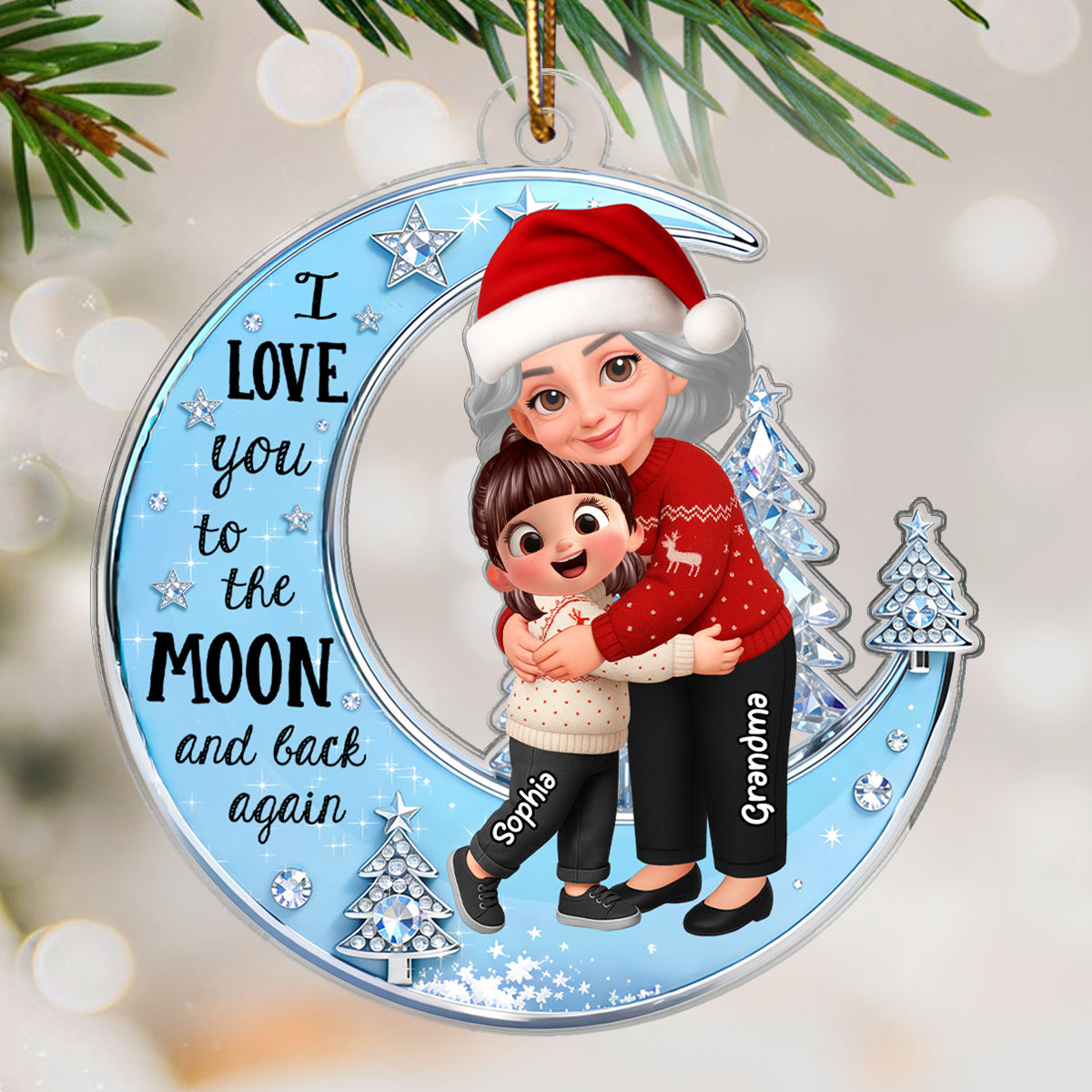 3D Shining Effect Grandma Grandkid On Moon - Personalized Acrylic Ornament - Gift For Granddaughter, Grandson