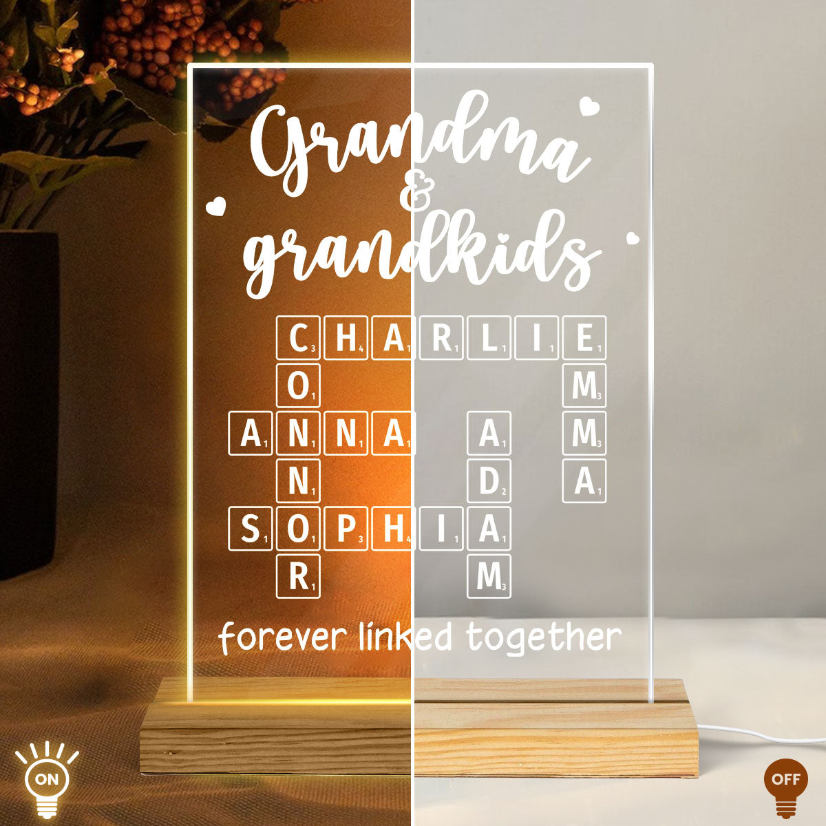Grandma Grandpa & Grandkids Forever Linked Together Crossword Puzzle Personalized Acrylic Plaque With LED Night Light