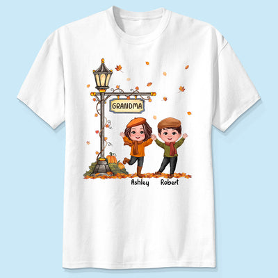 Fall Season Happy Doll Kids Under Lamp Post Personalized Shirt, Fall Season Gift For Grandma
