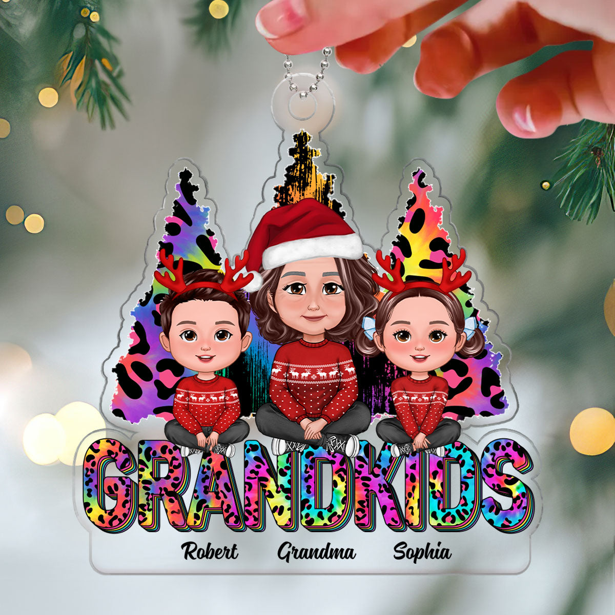 Colorful Leopard Christmas Tree Grandma Grandkids Personalized Acrylic Ornament