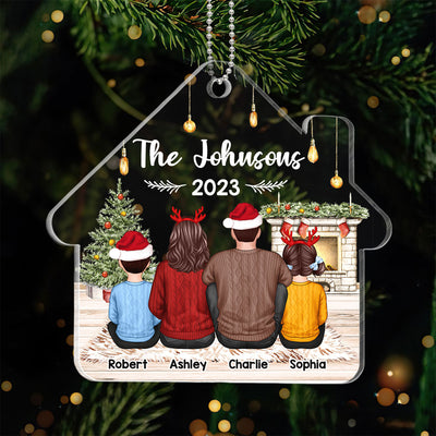 Family Sitting Back View House Shaped Personalized Acrylic Ornament