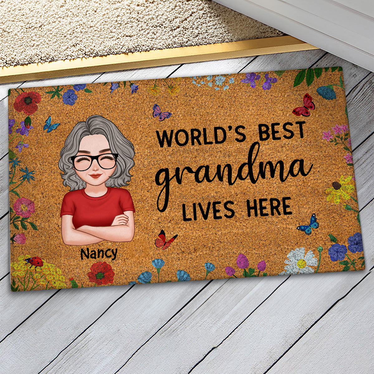 World‘s Best Grandma Grandparents Live Here Flowers Personalized Doormat