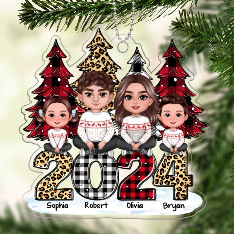 Leopard Checkered Pattern Christmas 2024 Tree Family Personalized Acrylic Ornament