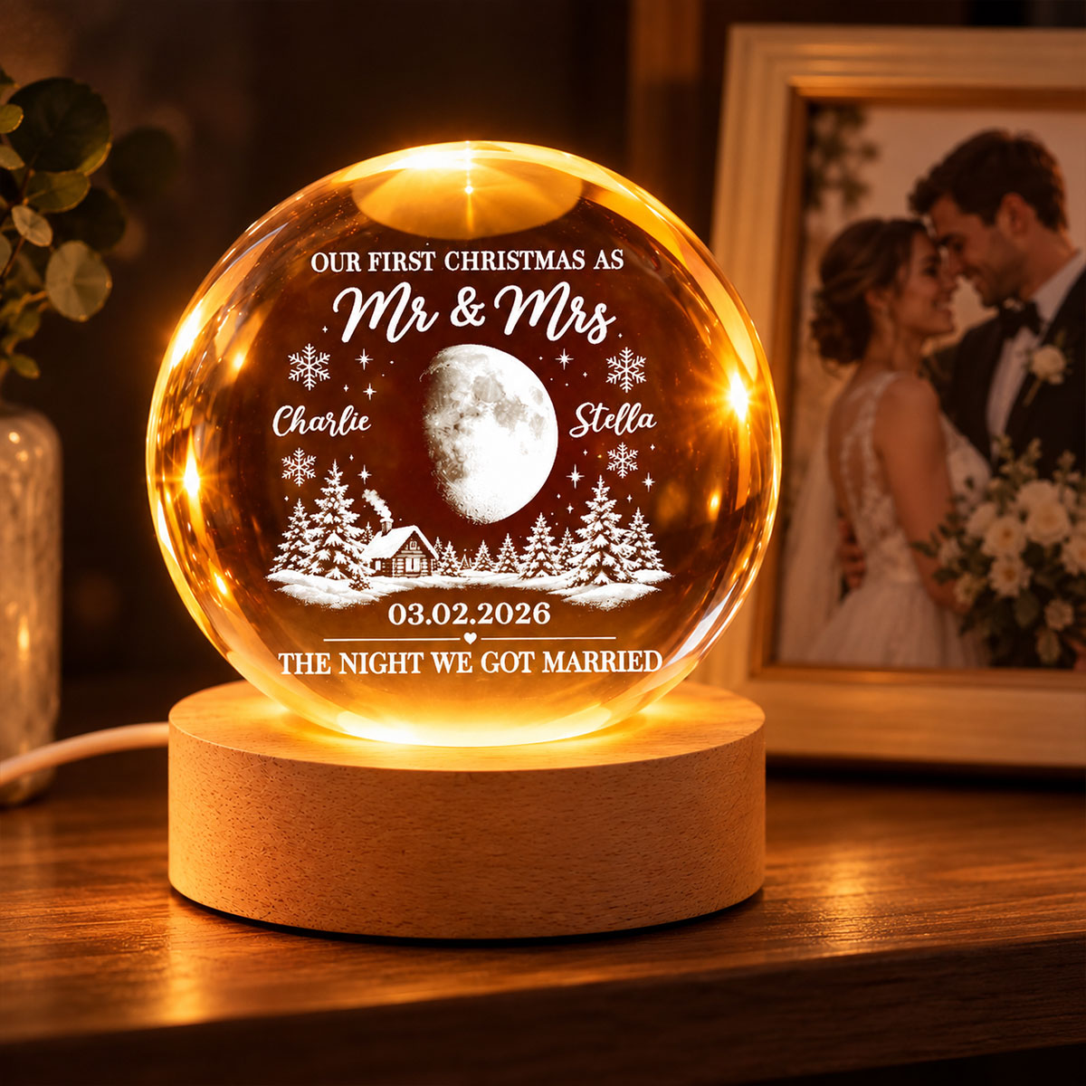 Our First Christmas As Mr Mrs Custom Moon Phase Anniversary Date - Personalized Crystal Ball LED Night Light - Christmas Gift For Newly Wedding Couple, For Him, For Her, Husband, Wife