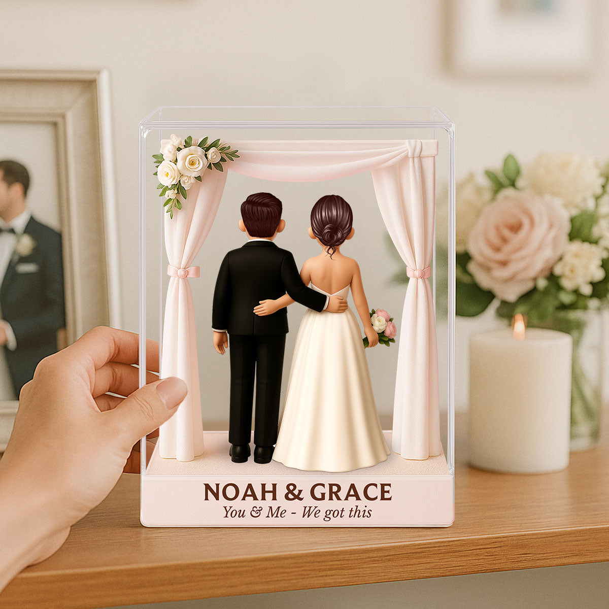 Bride & Groom Couple Figures Style Beach Wedding Theme Personalized Acrylic Flat Block Plaque, Wedding Gift, Newlyweds Gift