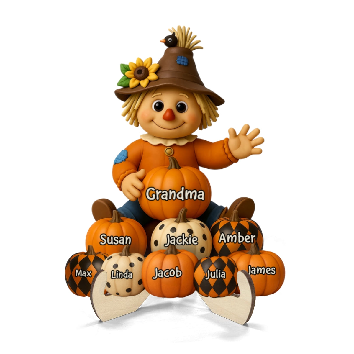 Fall Season Grandma Scarecrow Grandkids Pumpkins 3D Effect Personalized 2-Layer Wooden Plaque