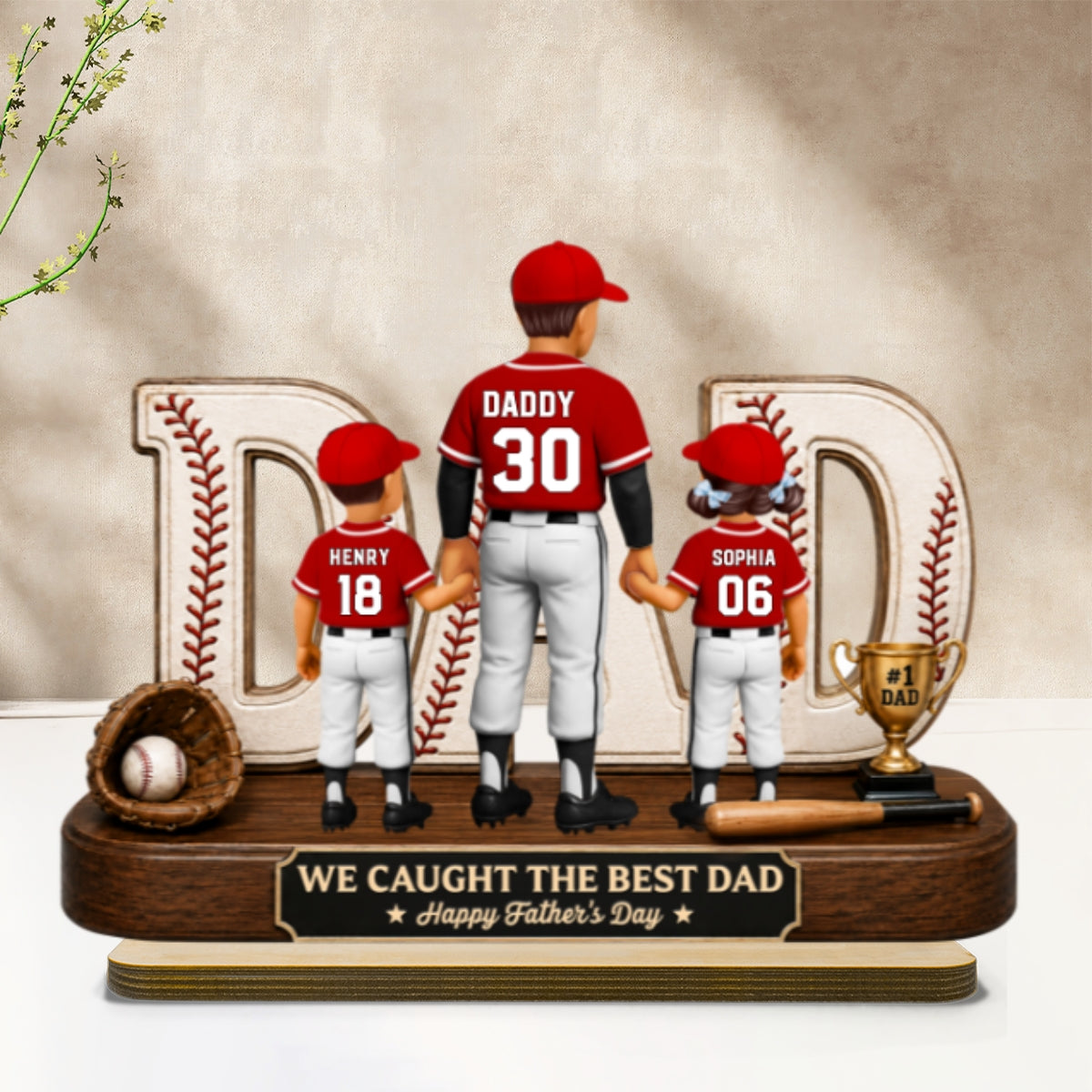 No 1 Baseball Dad Legend We Caught The Best Dad - Personalized 2-Layered Wooden Plaque - Father's Day Gift For Dad, Husband