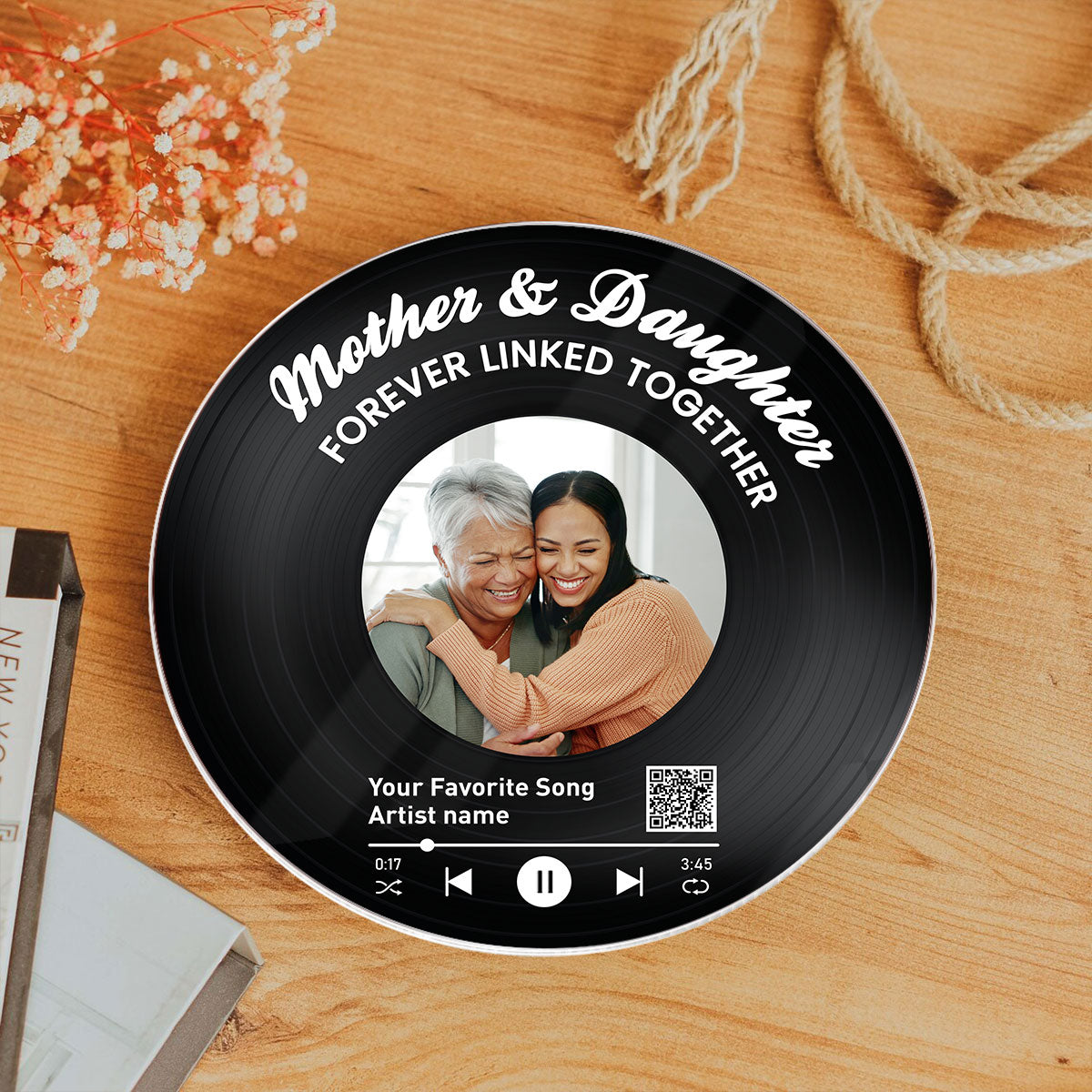 Mother Daughter Forever Linked Together Personalized Vinyl Record with Photo, Acrylic Song Plaque, Gift for Mom