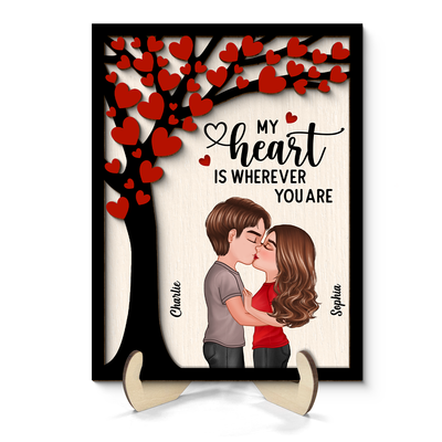 Couple Kissing Under Heart Tree Personalized 2-Layer Wooden Plaque
