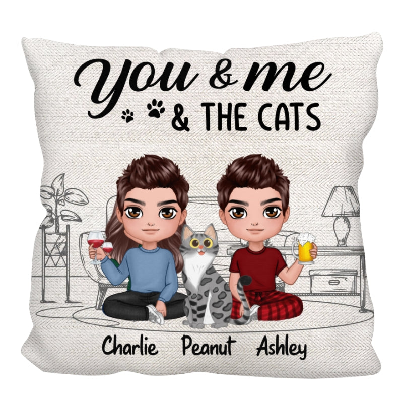 Outline Background Doll Couple Sitting You Me The Cats Personalized Pillow