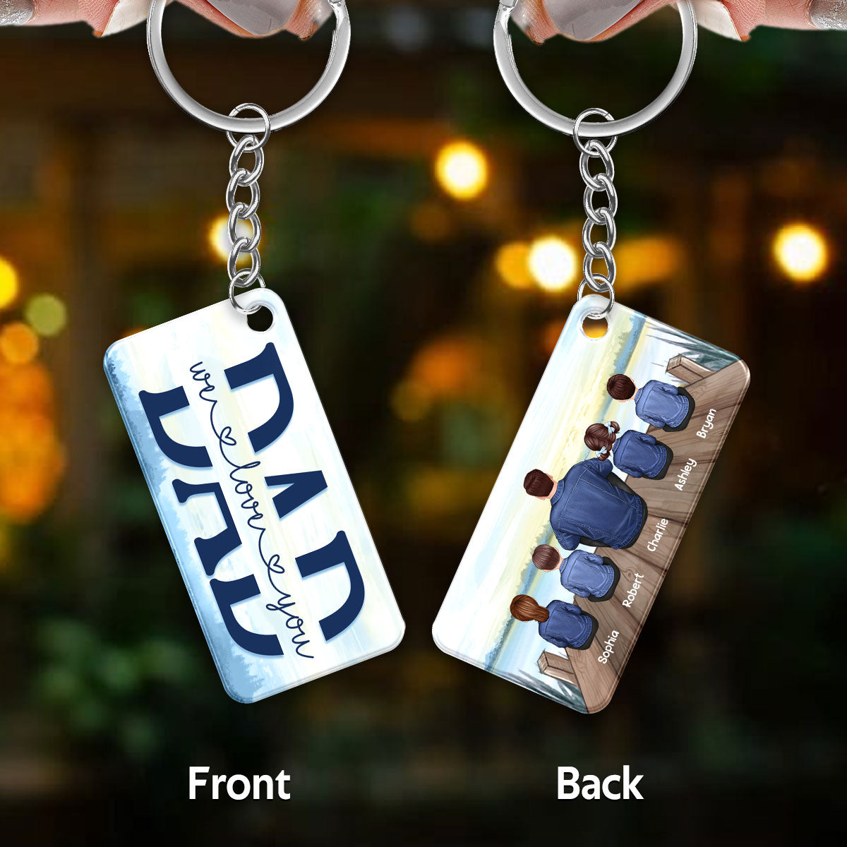 Denim Jacket Dad And Kids Sitting Back View Lake Personalized Acrylic Keychain