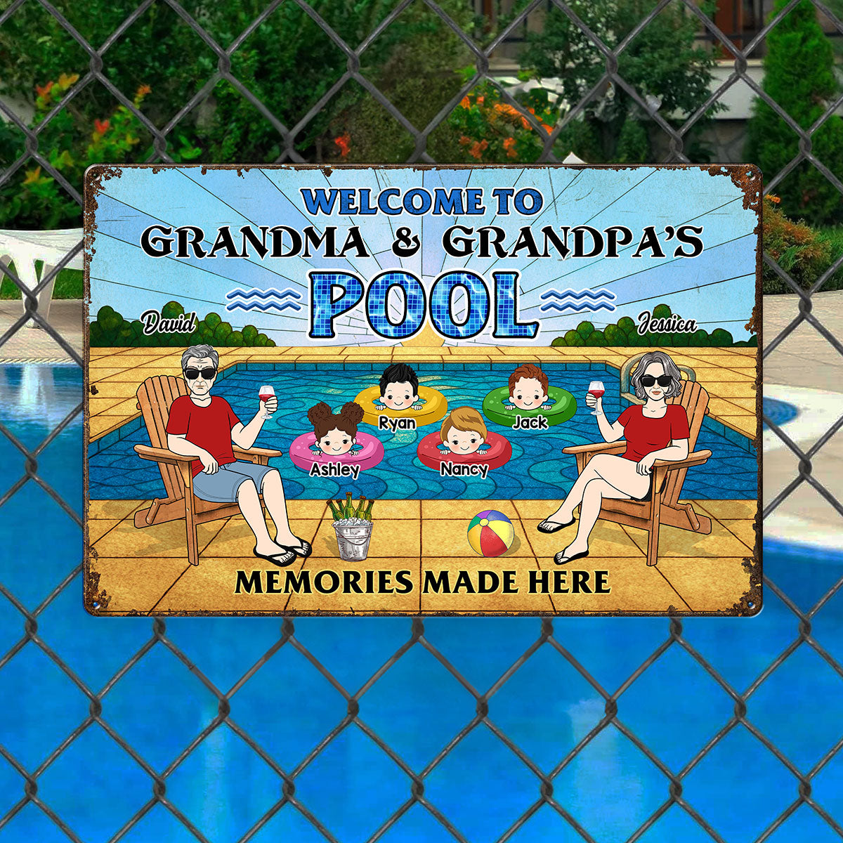Summer Welcome To Grandpa Grandma Grandparents Pool Personalized Metal Sign| Summer Outdoor Decoration