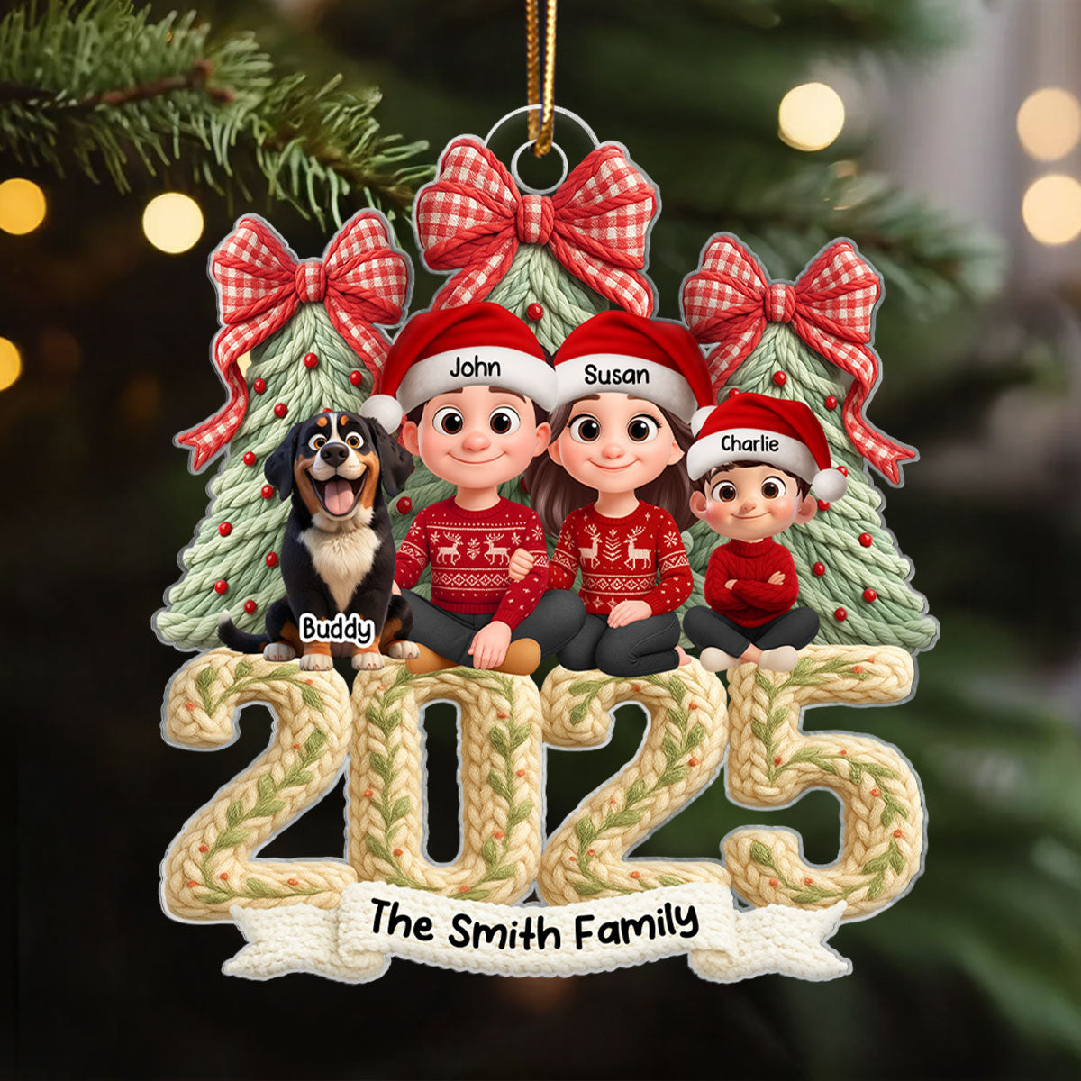 Family Sitting 2025 Latch Hook Yarn Faux - Personalized Acrylic Ornament - Christmas Gift for Family