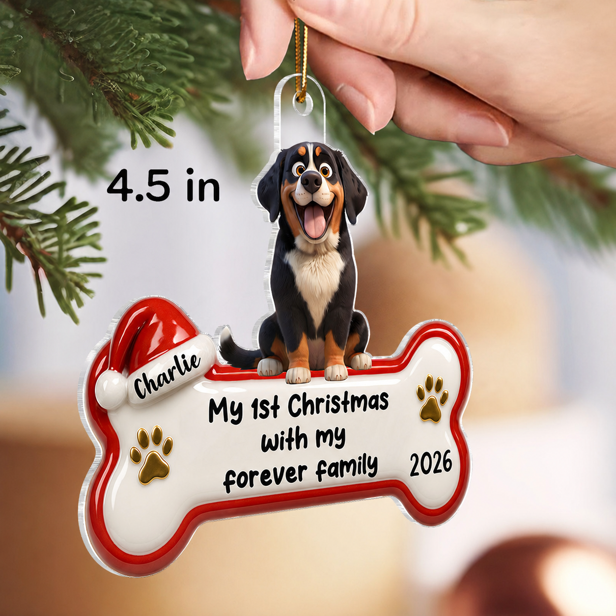 1st Christmas With Forever Family Cartoon Dog 3D Effect - Personalized Acrylic Ornament