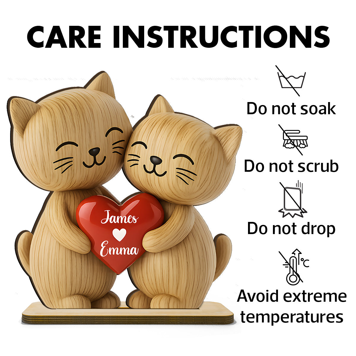 3D Effect Cat Couple Love Personalized Flat Standing Wooden Plaque| Heartfelt Birthday Gift, Anniversary Gift for Couple