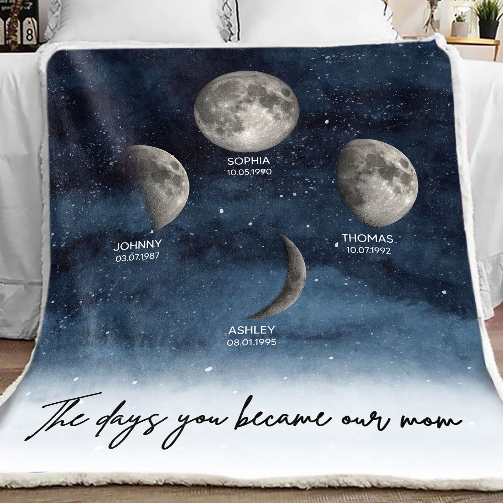 Starry Night Custom Birthday Moon Phase The Day You Became Mom Personalized Blanket, Gift
