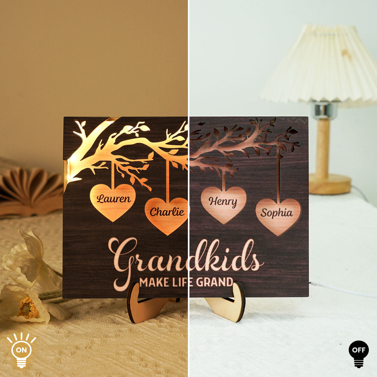 Grandkids Make Life Grandma Engraved Tree With Hearts Personalized 2-Layer Wooden Plaque With LED