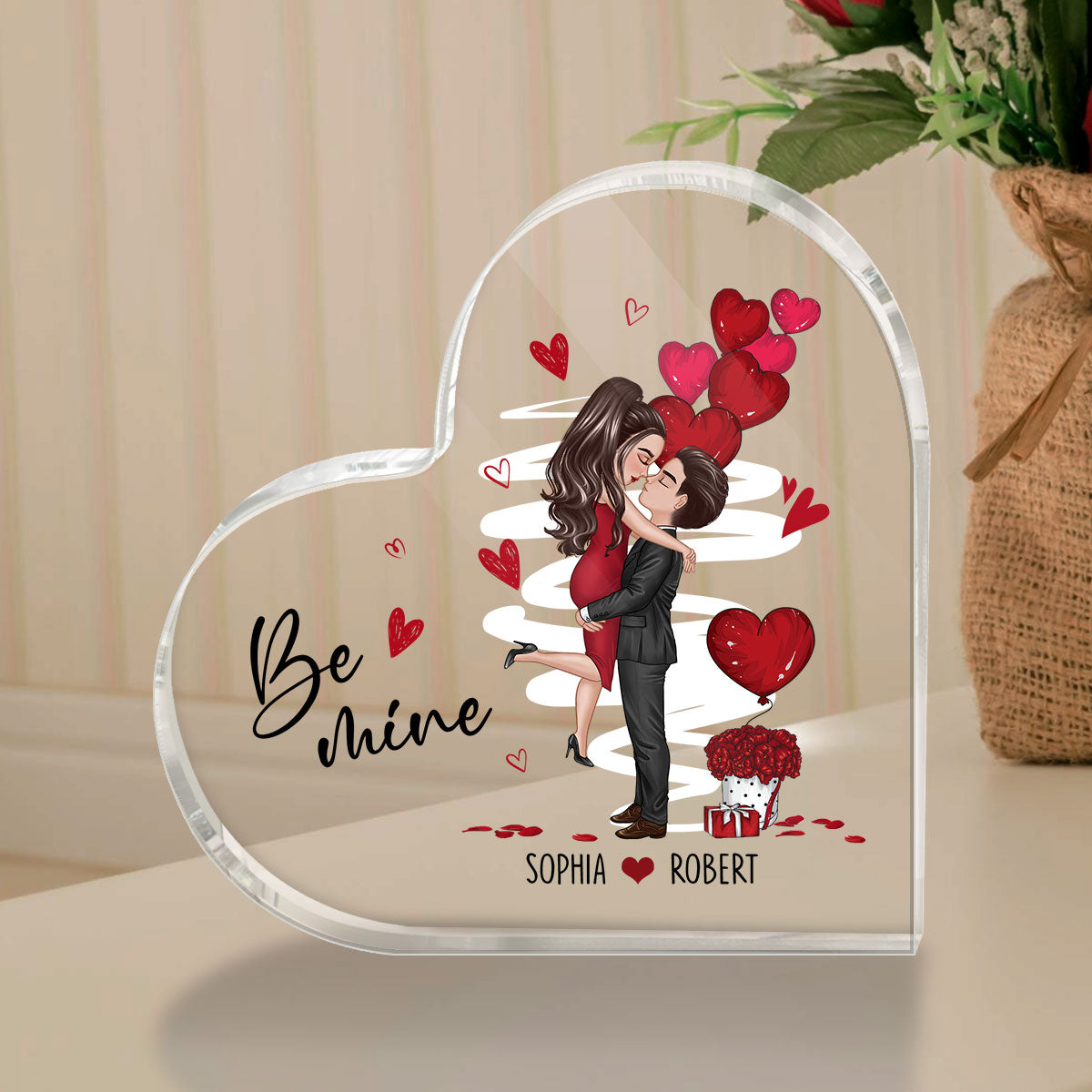 Be Mine Doll Couple Kissing Personalized Heart Shaped Acrylic Plaque - Gift For Him Gift For Her
