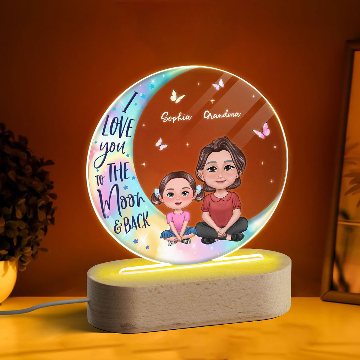 Pretty Doll Grandma Grankids On Moon Personalized Acrylic Circle LED Night Light