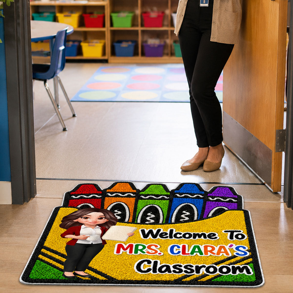 Teacher Welcome To Classroom Crayon Box - Personalized Doormat - Back To School Gift For Teacher, Classroom Decor