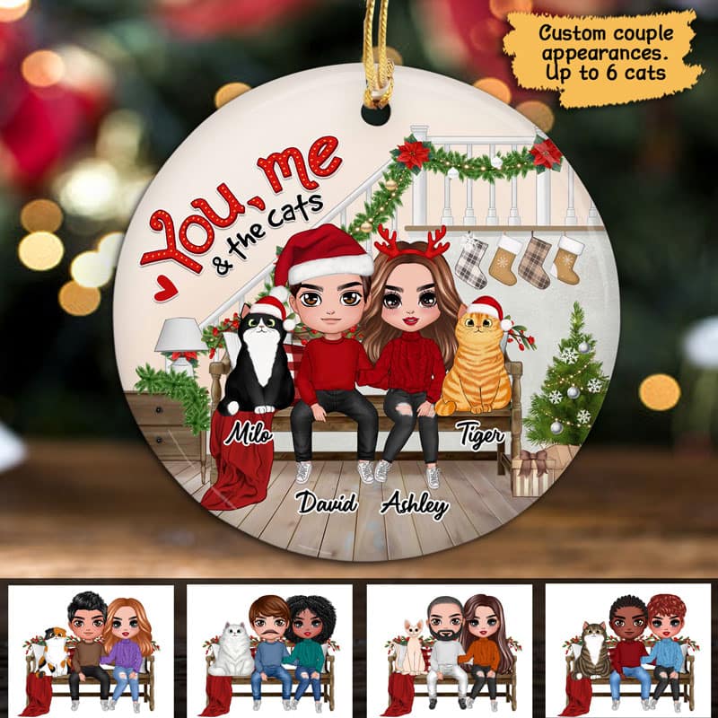 You Me And The Cats On Stairs Christmas Personalized Circle Ornament