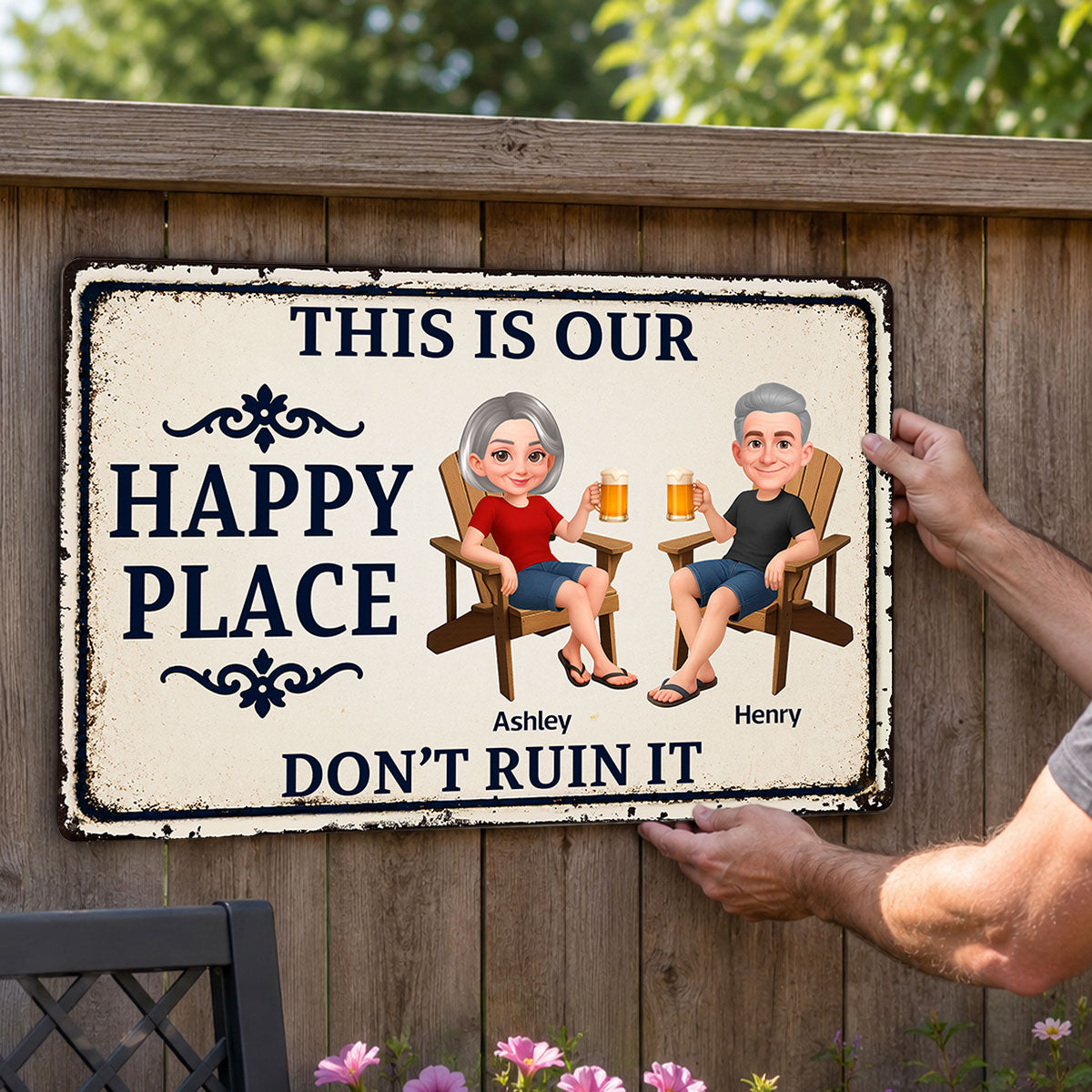 Couple This Is Our Happy Place - Personalized Metal Sign - Funny Sarcasm Decoration For Patio, Garden, Farmhouse Porch, Man Cave, Garage