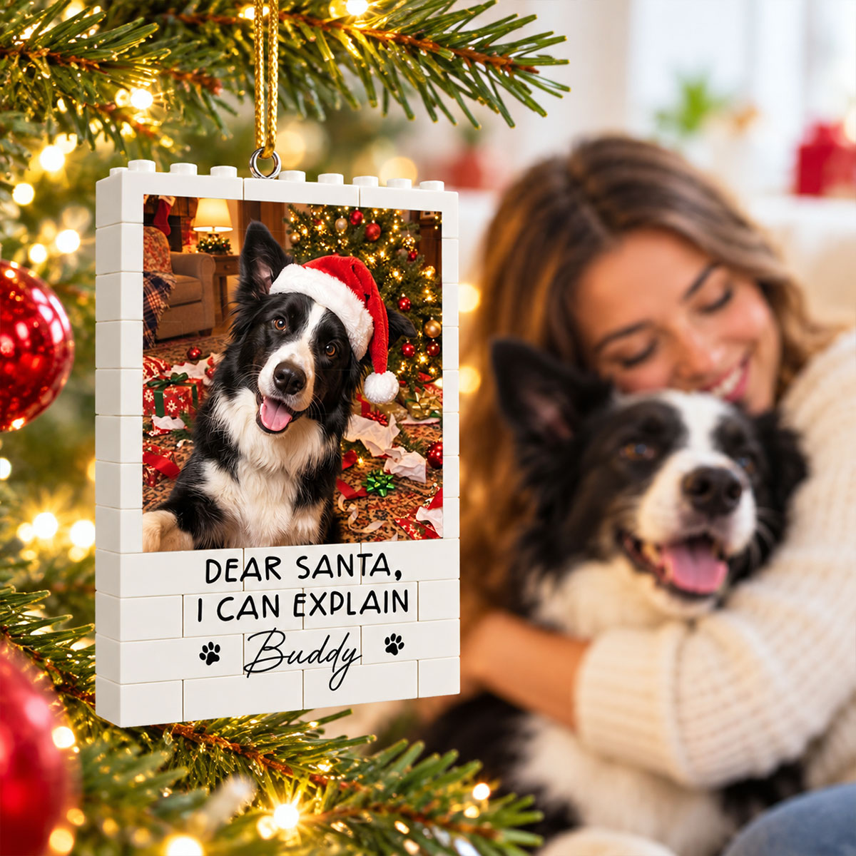 Dog Cat Ruin Christmas Things Upload Pet Photo - Personalized Building Blocks Ornament - Funny Gift For Dog Lovers, Cat Lovers