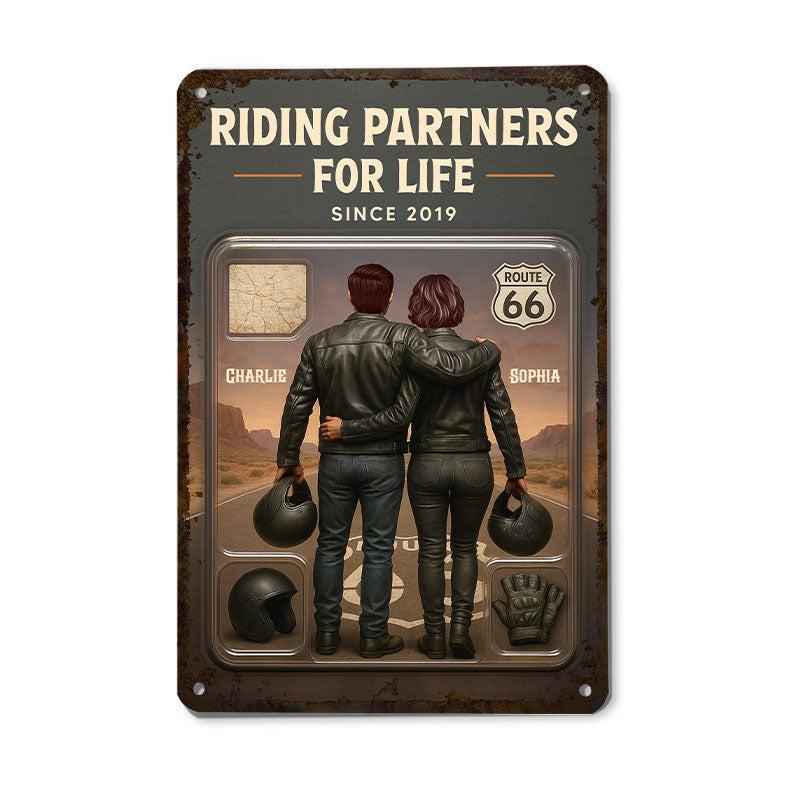 3D Effect Custom Figure Couple Bikers Riding Partners For Life Personalized Metal Sign