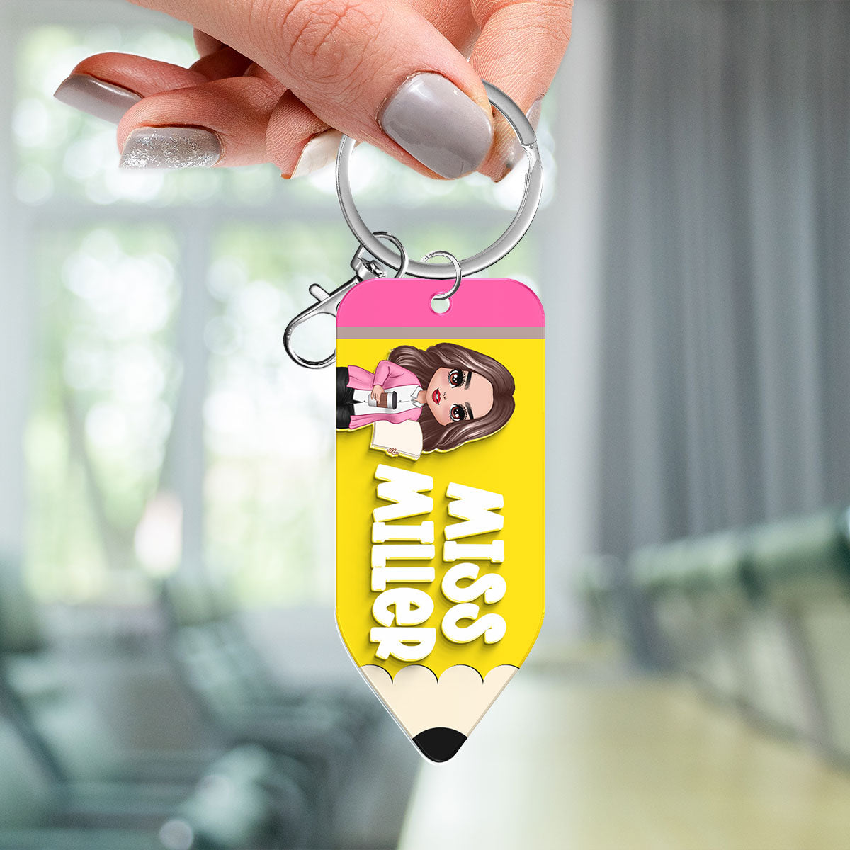 Doll Teacher Pencil Shaped Personalized 2-Layer Acrylic Keychain