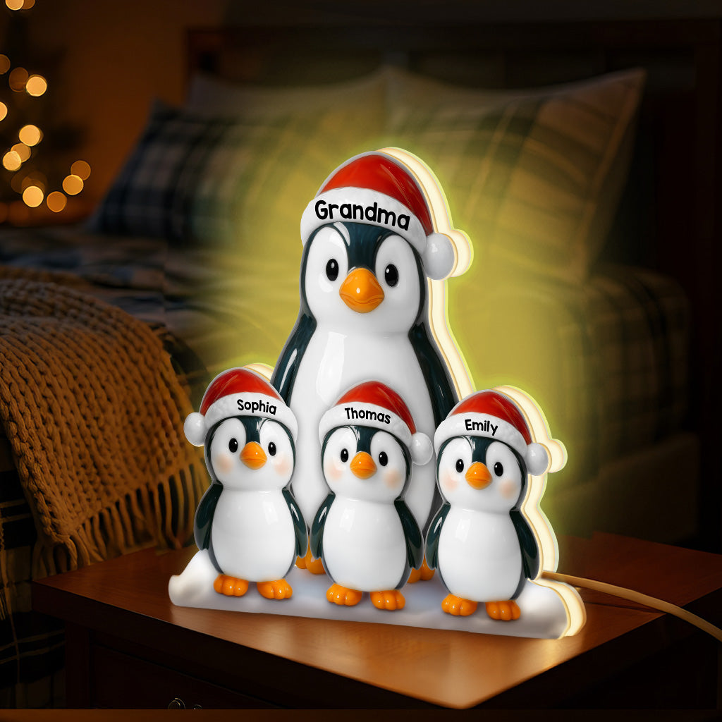 3D Effect Cute Christmas Penguins Grandma & Grandkids - Personalized Light Box