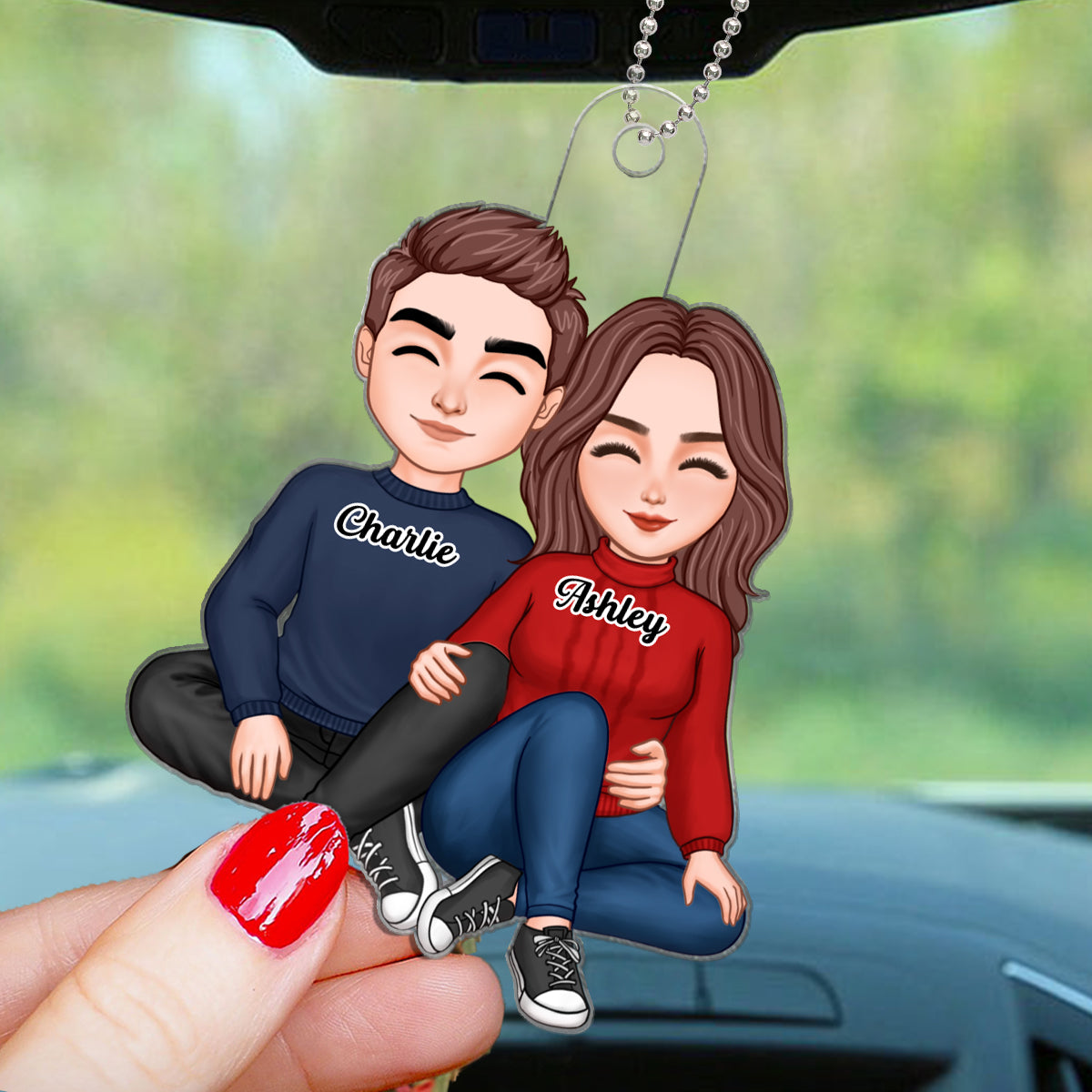 Cute Couple Sitting Hugging Personalized Acrylic Car Hanging Ornament