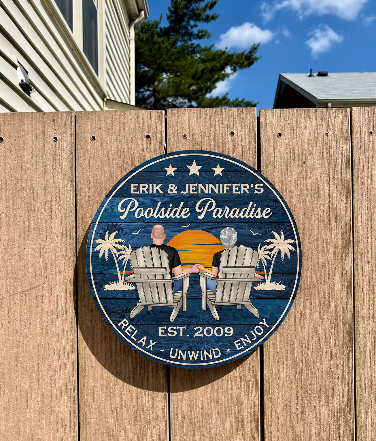 Poolside Paradise Couple Sitting - Personalized Wood Sign