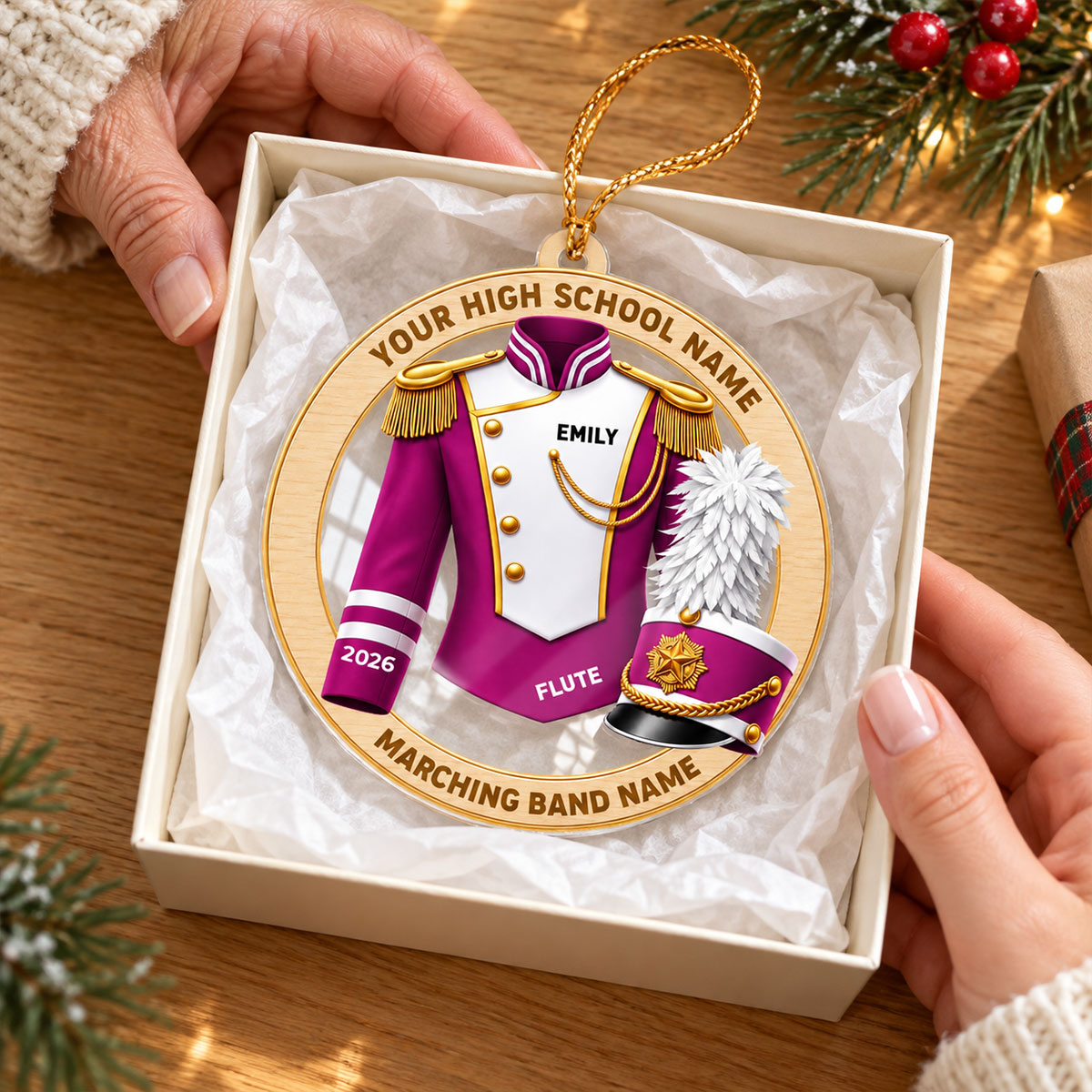 Custom Marching Band Uniform Trombone - Personalized Acrylic Ornament - High School Band Instrument Senior Gift, Christmas Gift for Daughter, Son