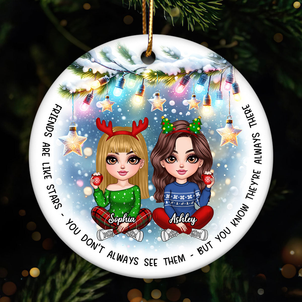 Besties Christmas Tree Light Star Personalized Circle Ceramic Ornament