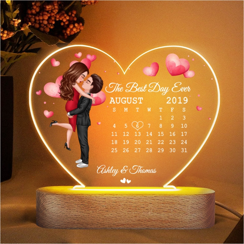 Doll Couple Hugging Kissing Together Since Anniversary Date Calendar Personalized Acrylic Heart Plaque With LED Night Light - Anniversary Gift For Couple - Gift For Him, Gift For Her