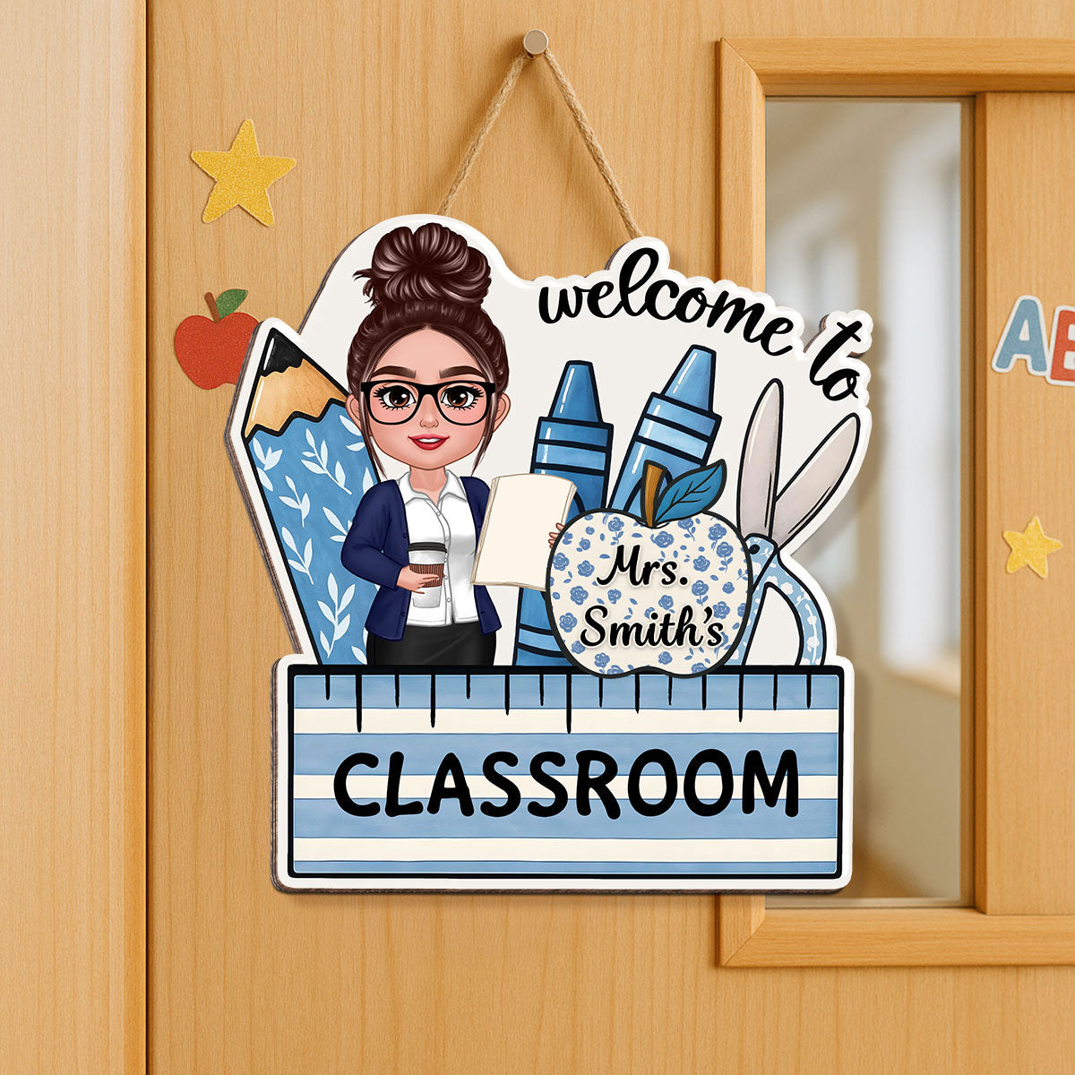 Welcome To Teacher Classroom Blue Floral Personalized Door Sign