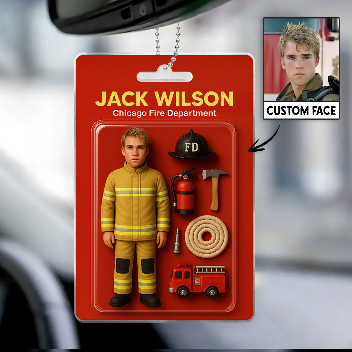 3D Effect Firefighter Custom Figure Personalized Flat Acrylic Car Hanger