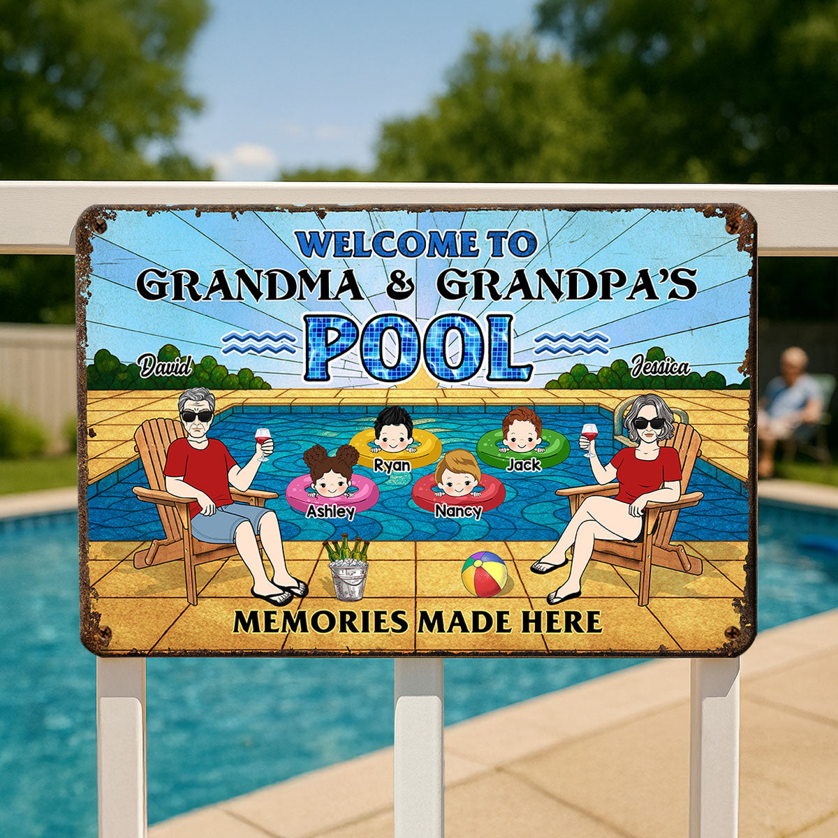 Summer Welcome To Grandpa Grandma Grandparents Pool Personalized Metal Sign| Summer Outdoor Decoration