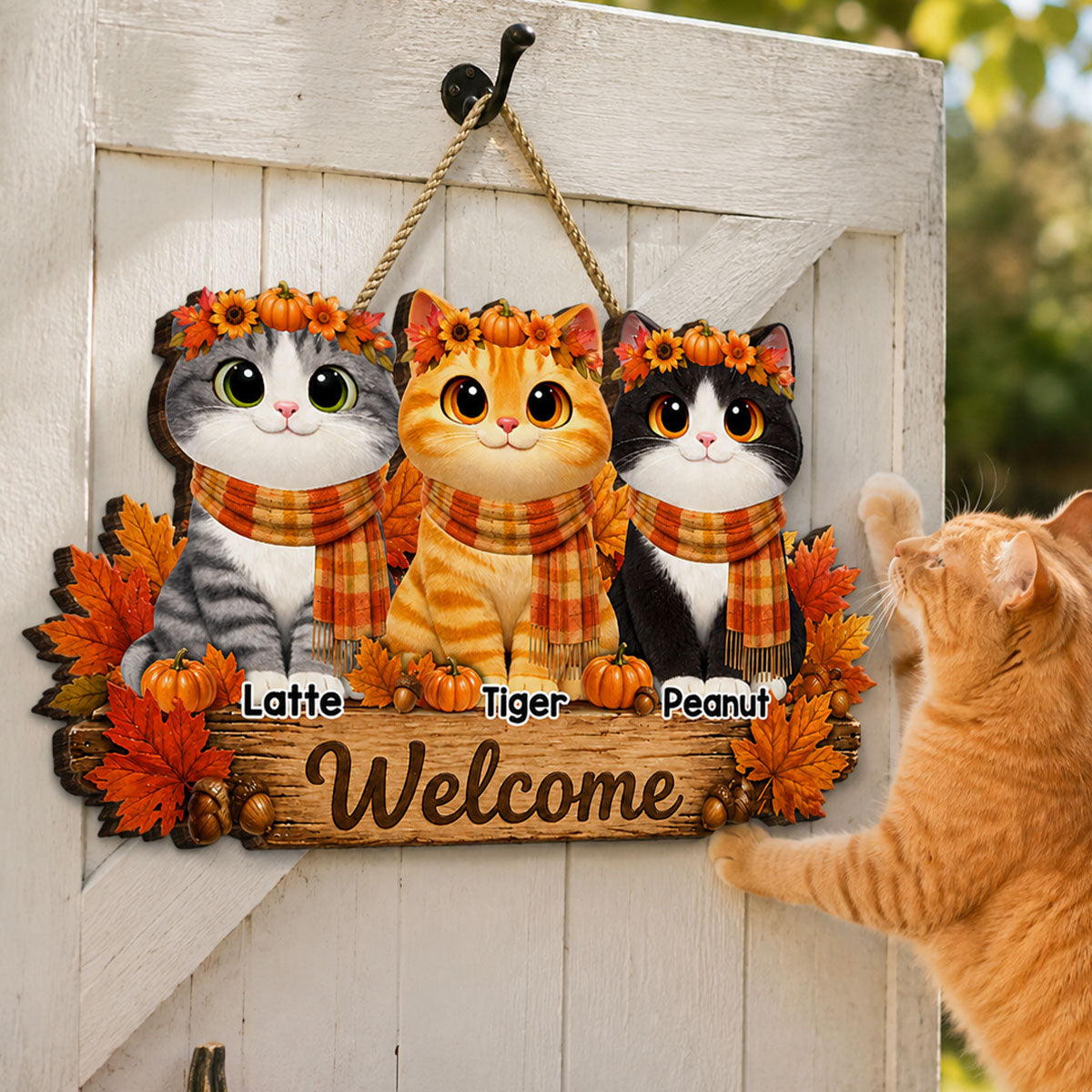 Fall Cats Welcome Door Sign - Personalized Door Sign - Fall Season Decor Gift, Gift For Cat Lovers