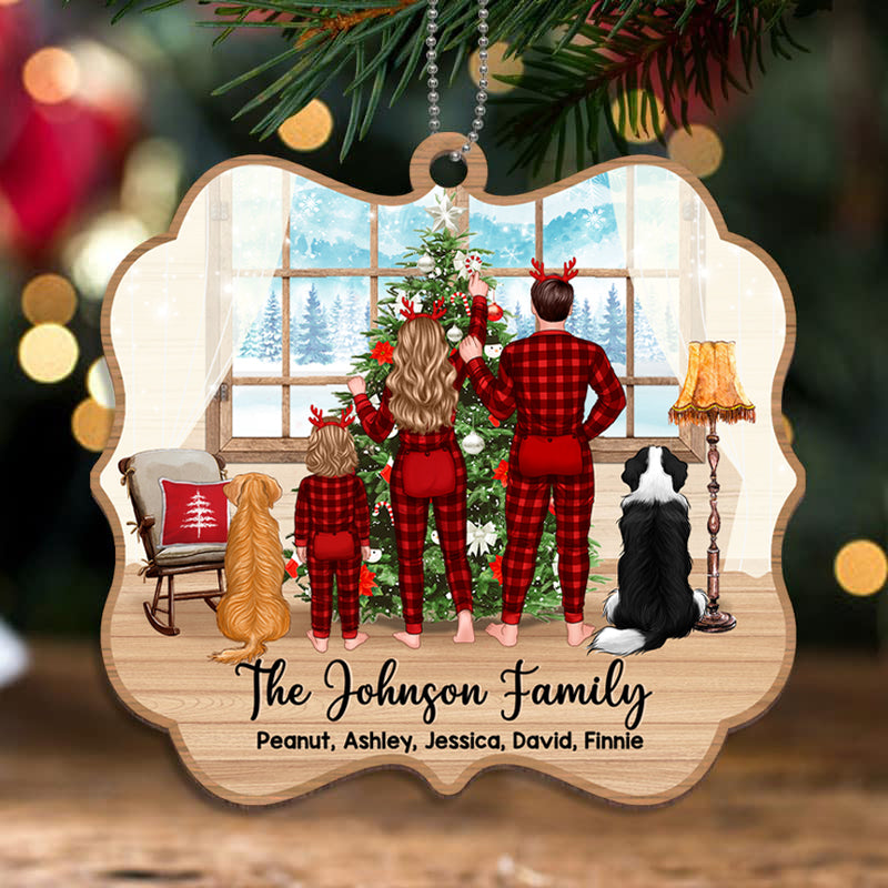 Family Pajamas Decorating Tree Couple Kid Dog Cat Personalized Wooden Ornament