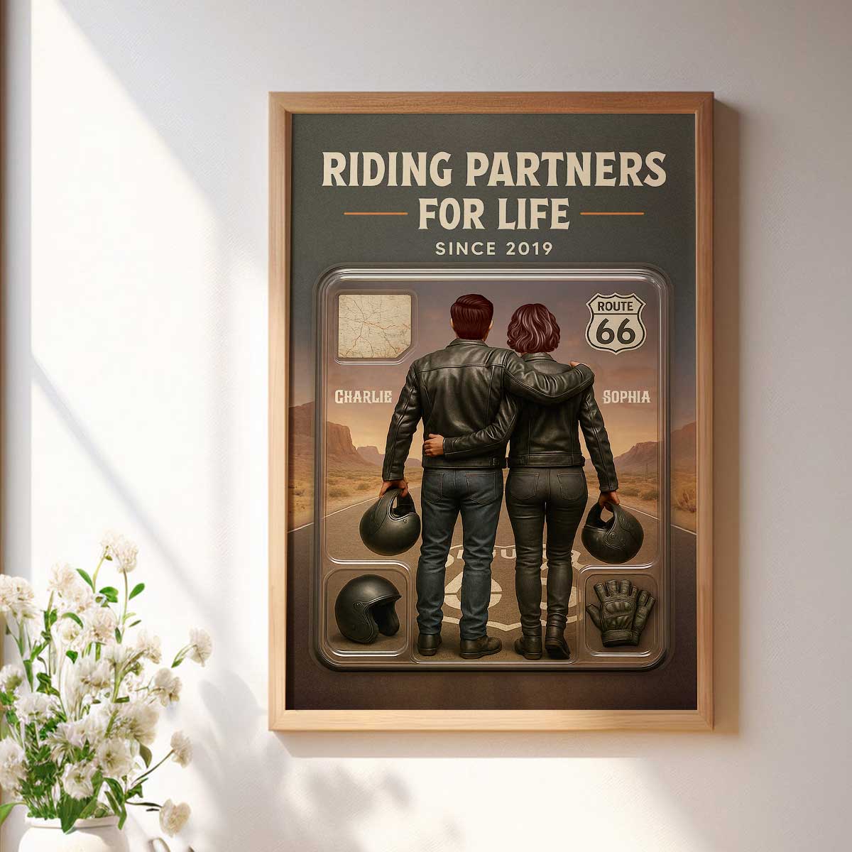 3D Effect Custom Figure Couple Bikers Riding Partners For Life - Personalized Poster - Heartfelt Gift For Bikers