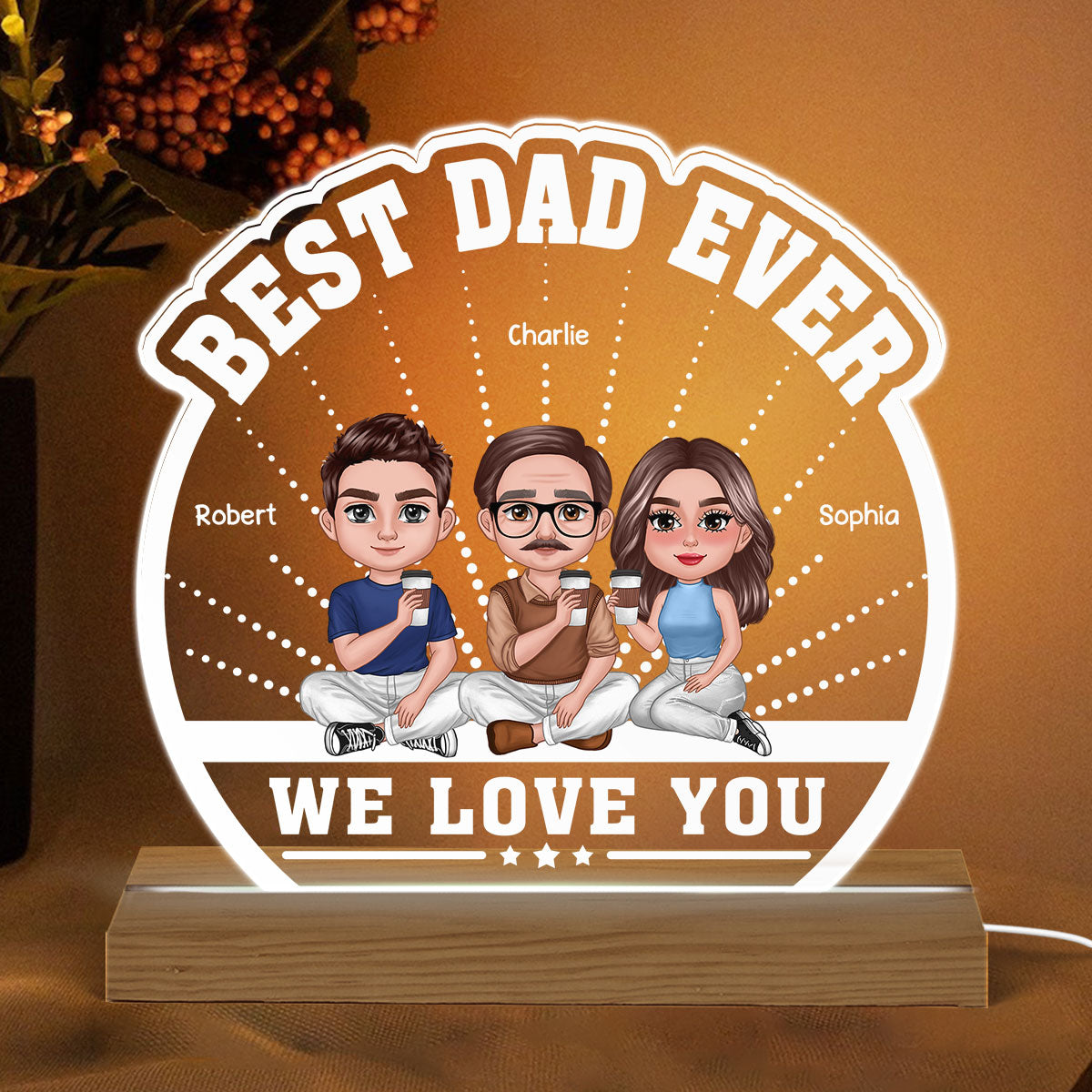 Best Dad Ever Dad Doll Man & Children Personalized Custom Shaped Acrylic Plaque With Warm LED Night Light