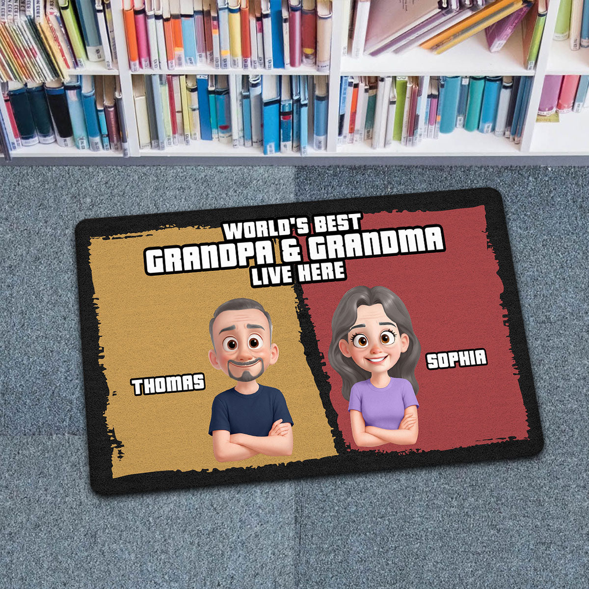 Cute Cartoon World Best Grandpa Grandma Grandparents Live Here Personalized Doormat
