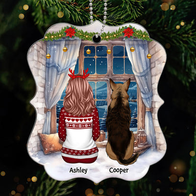 Girl & Dog Cat Sitting At Christmas Window Personalized Acrylic Ornament