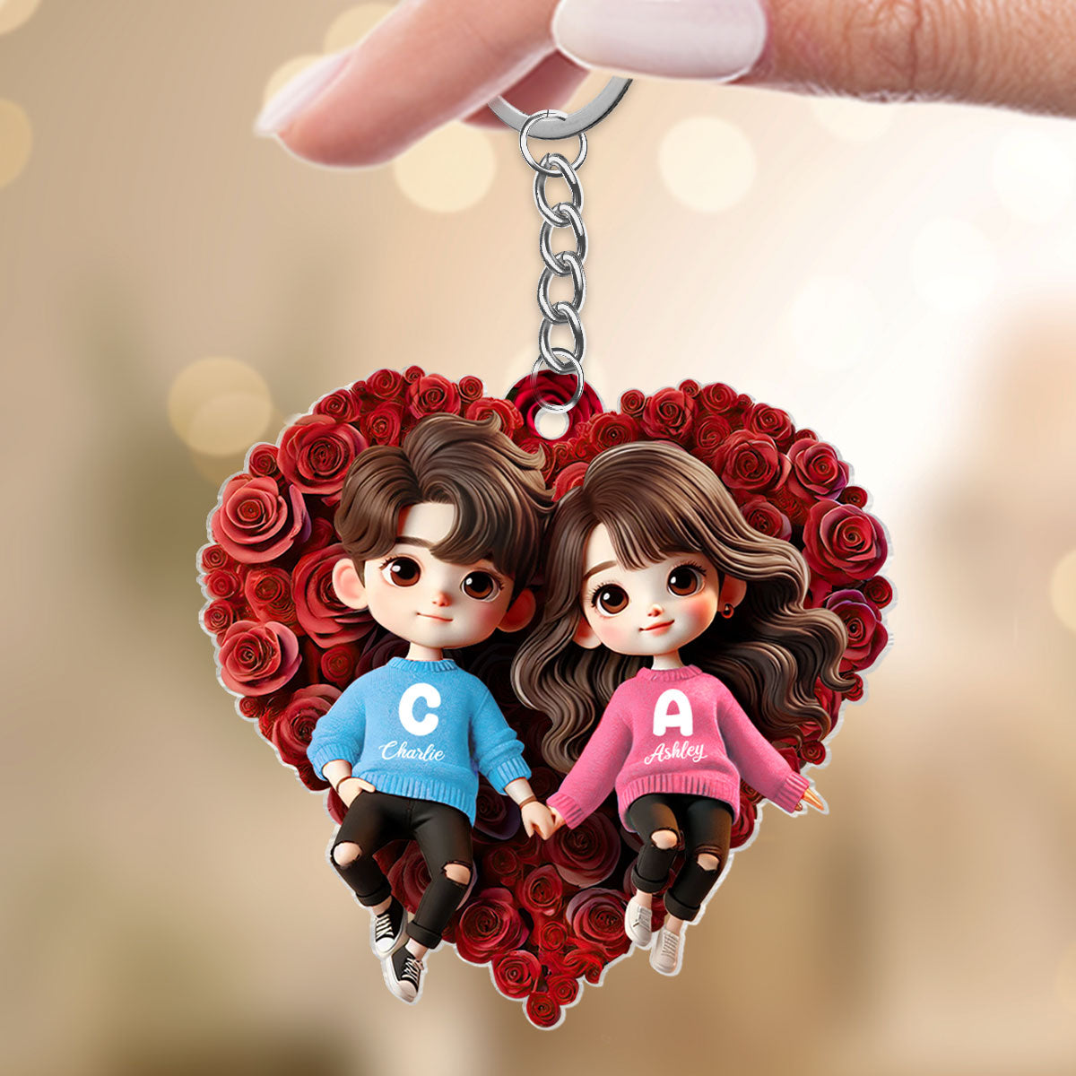 Cute Couple Lying On Rose Heart Personalized Acrylic Keychain, Gift For Him, Gift For Her, Gift For Valentine's Day