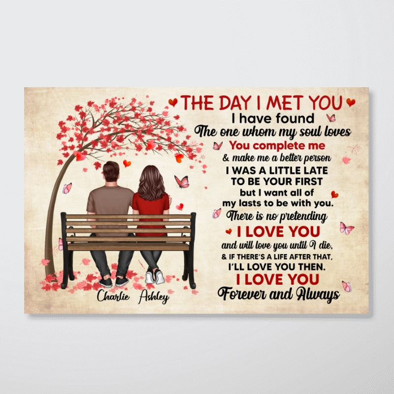 The Day I Met You Couple Sitting On Bench Under Tree Personalized Horizontal Poster