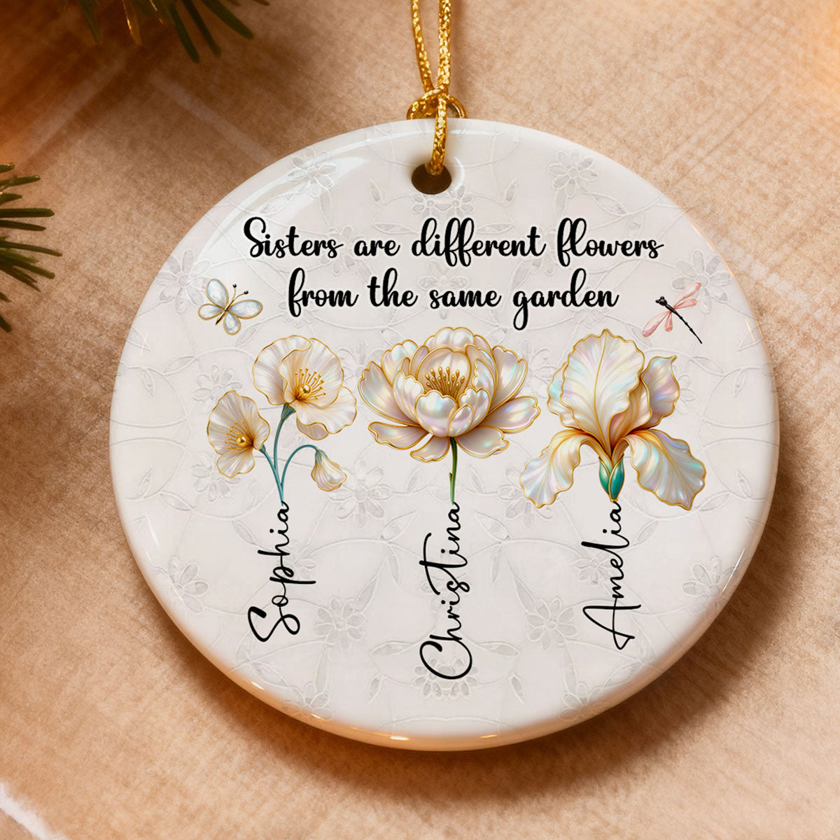 3D Effect Birth Flowers Sisters From The Same Garden - Personalized Ceramic Ornament - Birthday Christmas Just Because Gift For Sisters, Besties